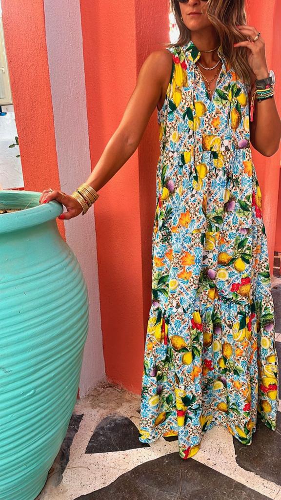 Baby Blue Lemon Print Tiered Dress