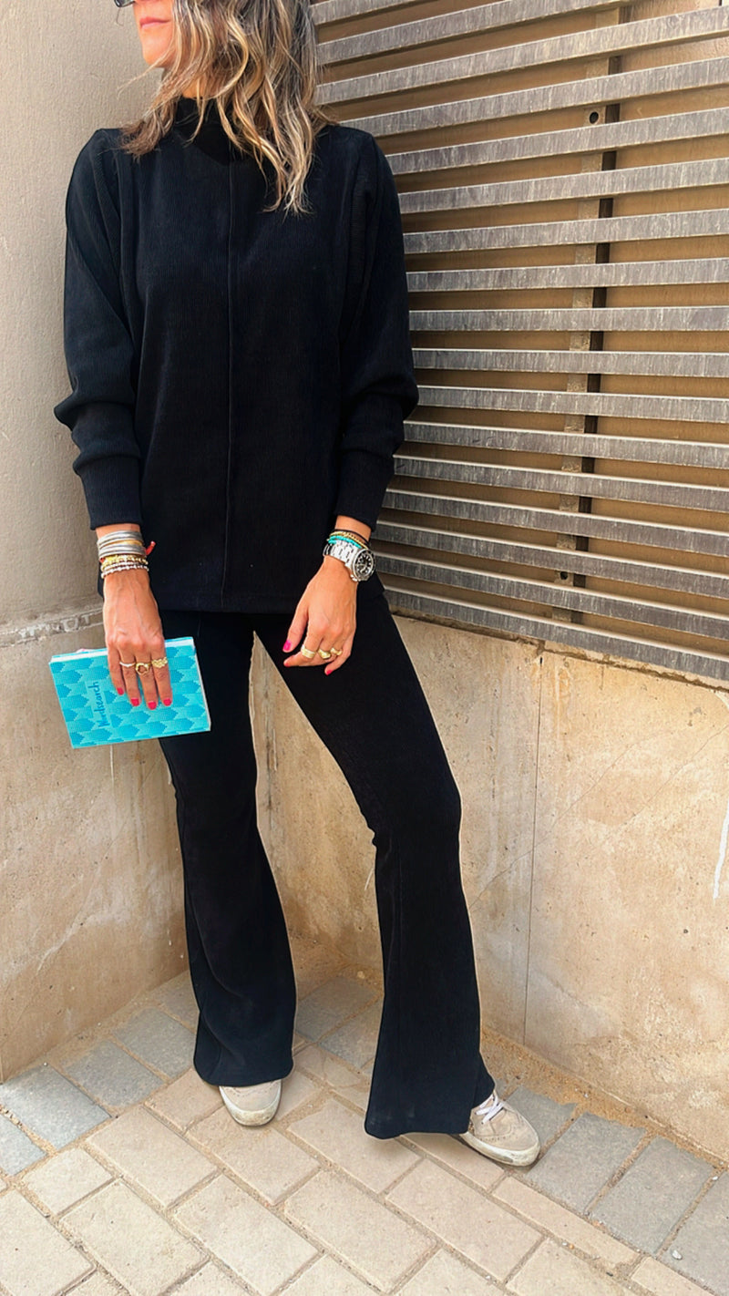 Black City Middle Line Ribbed Set