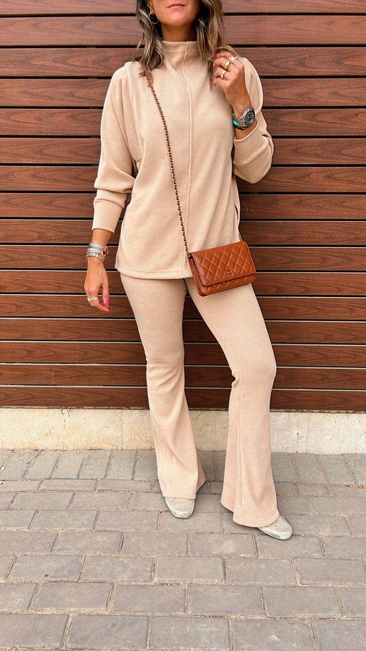 Beige City Middle Line Ribbed Set