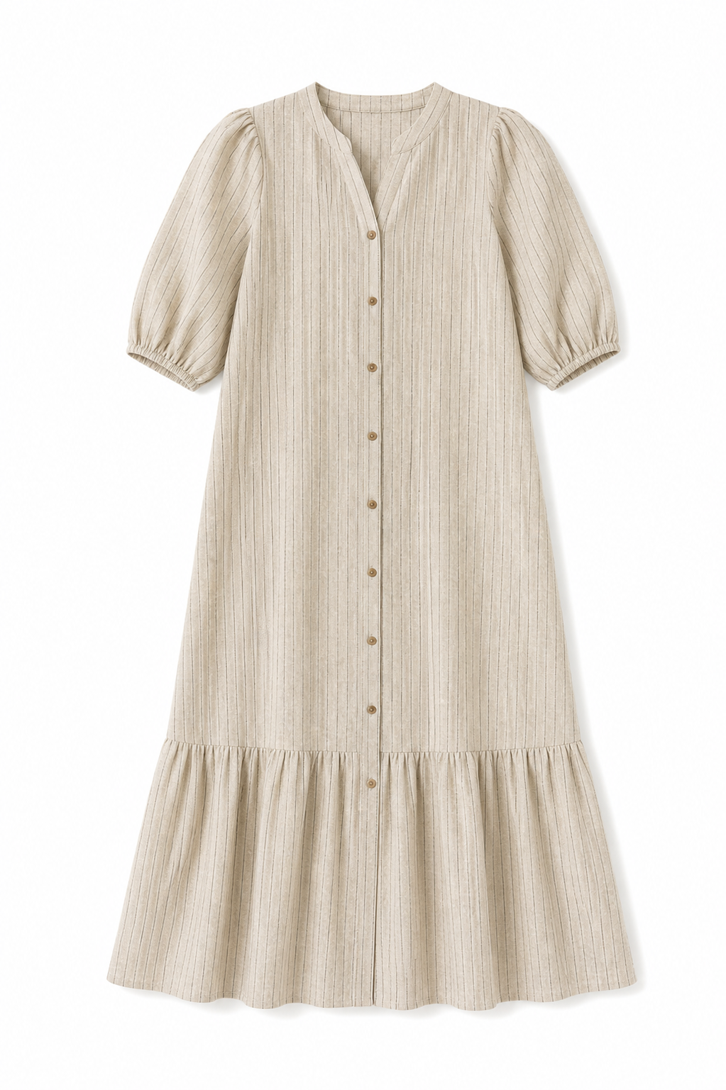 Beige Lined Times Button Linen Dress