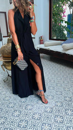 Black Tailored Girl Backless Linen Dress