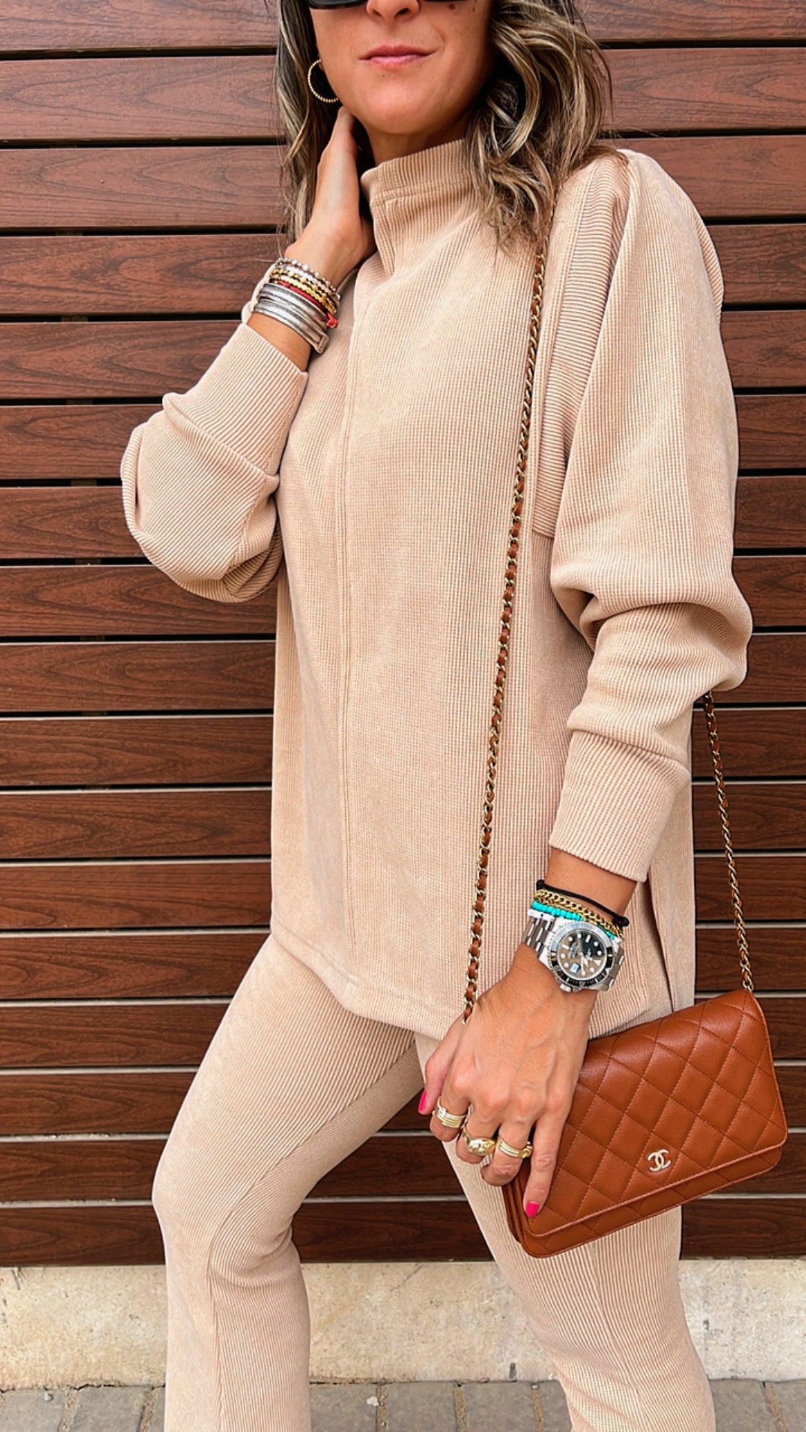 Beige City Middle Line Ribbed Set