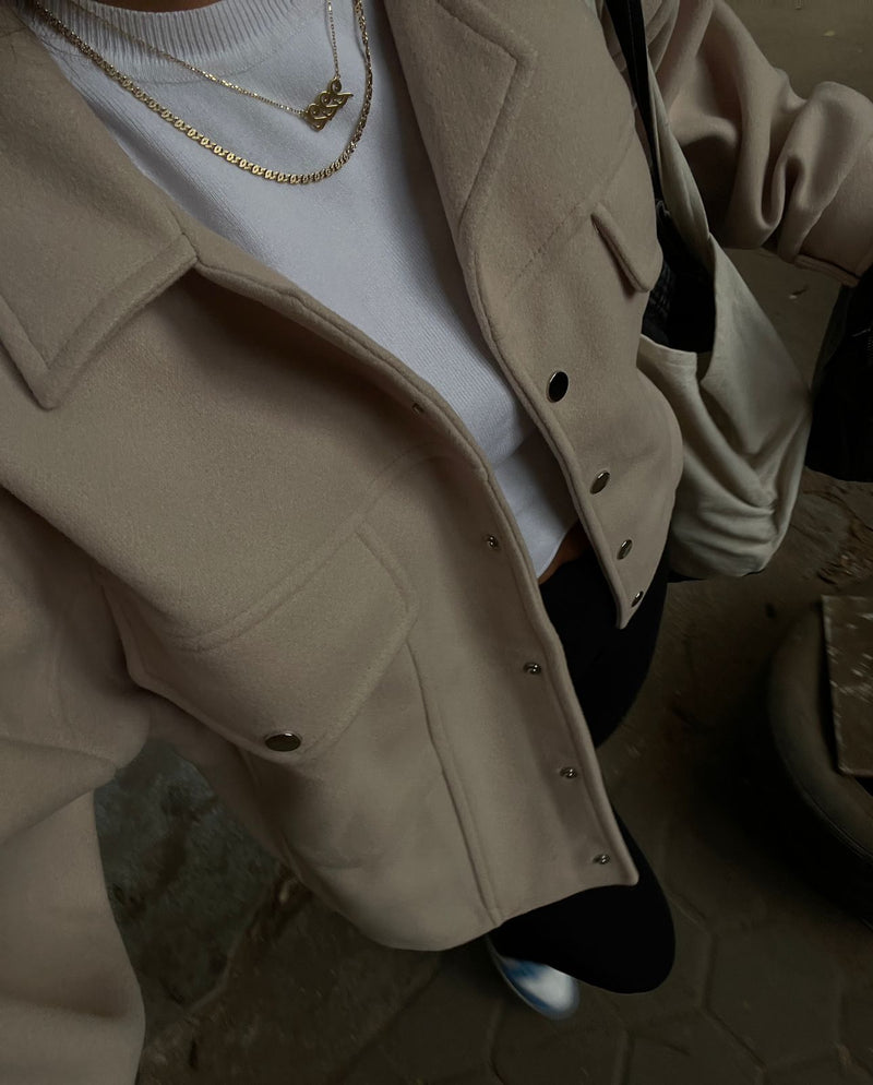Beige Cropped Button Shacket