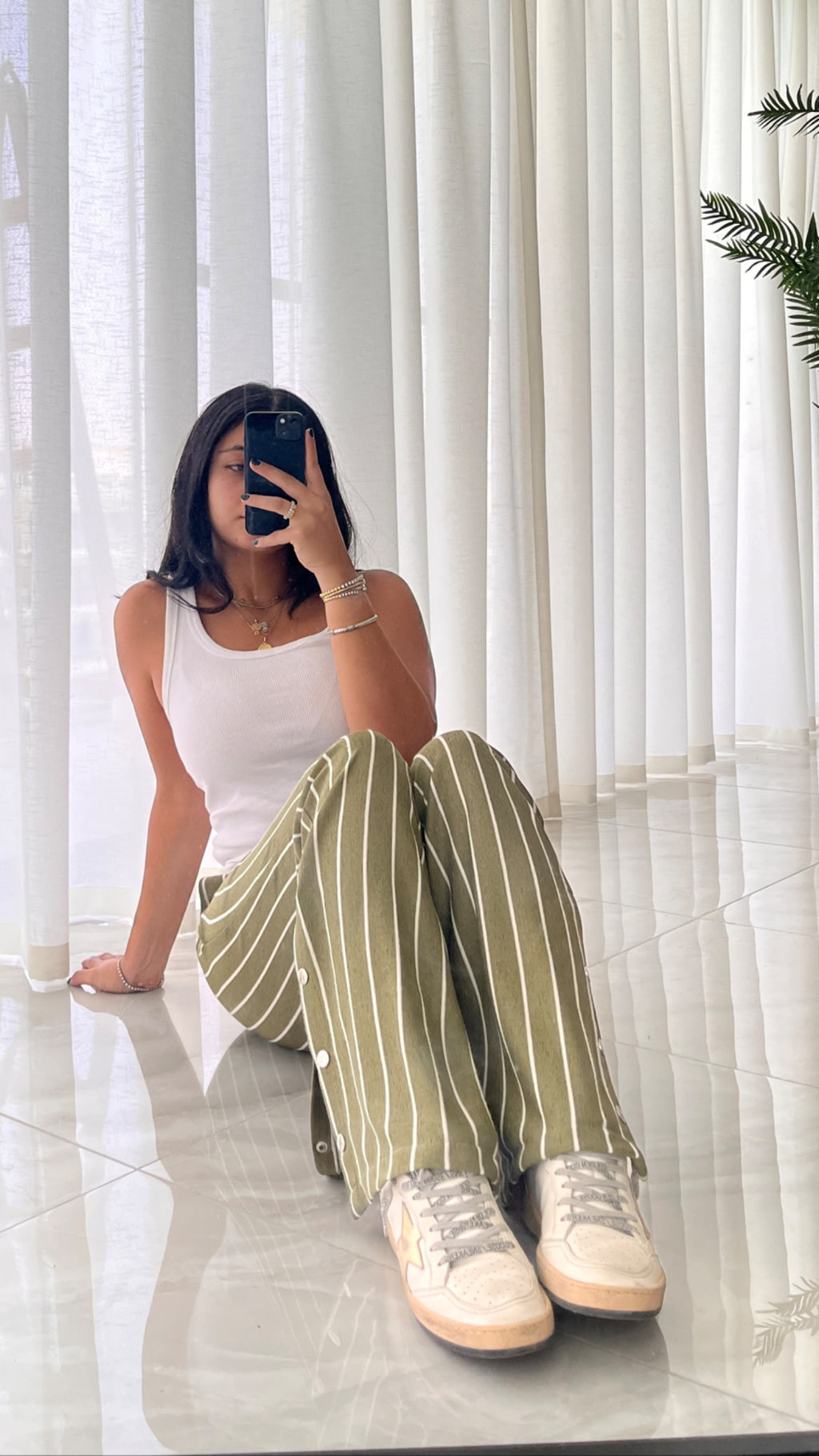 Olive Striped Slit Pants