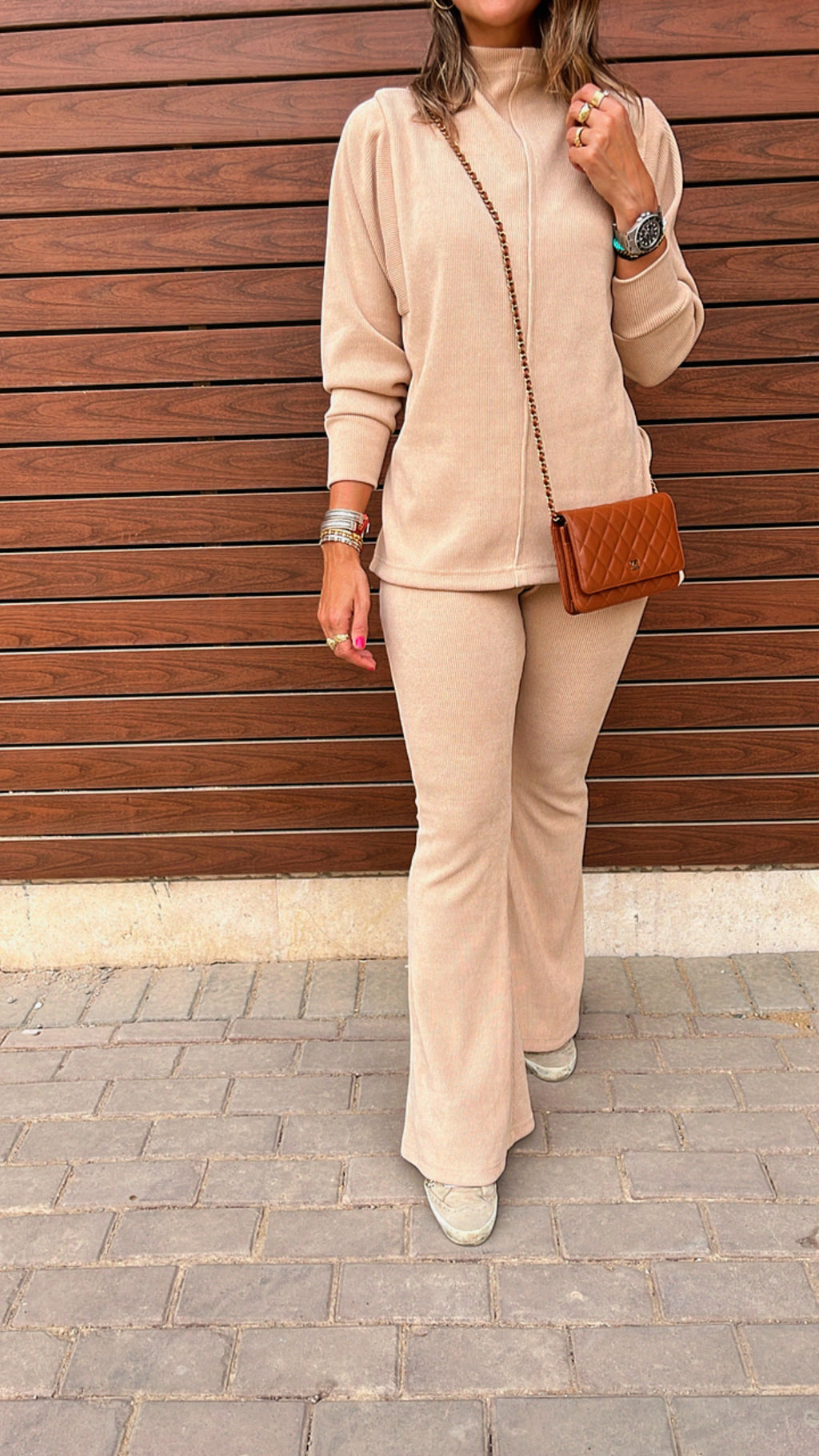 Beige City Middle Line Ribbed Set