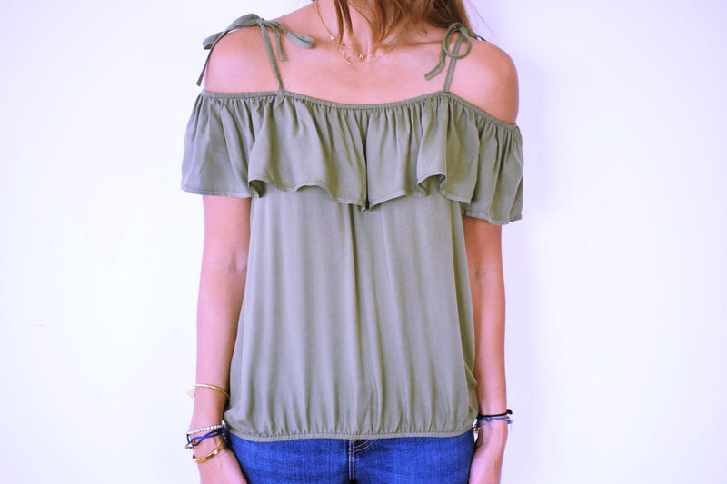 Olive Ribbon Tie Off Shoulder Top
