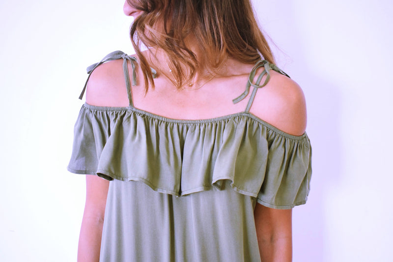 Olive Ribbon Tie Off Shoulder Top
