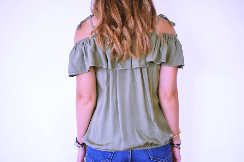 Olive Ribbon Tie Off Shoulder Top
