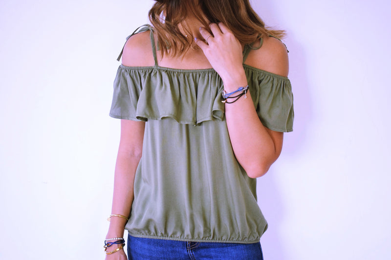 Olive Ribbon Tie Off Shoulder Top