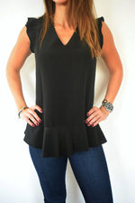 Black Sleeveless Ruffle Trim Top