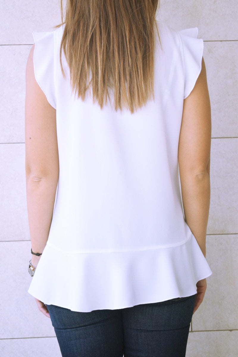 White Sleeveless Ruffle Trim Top