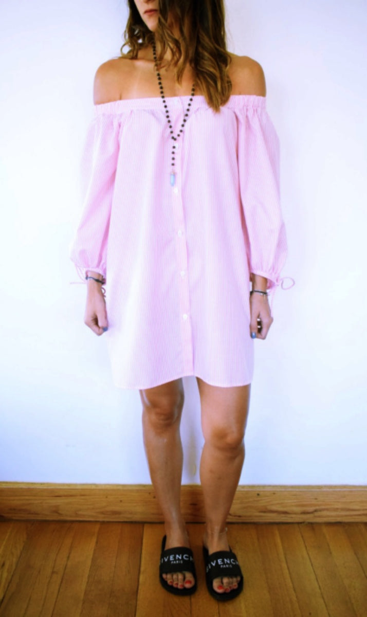 Pink Pinstripe Off Shoulder Tunic