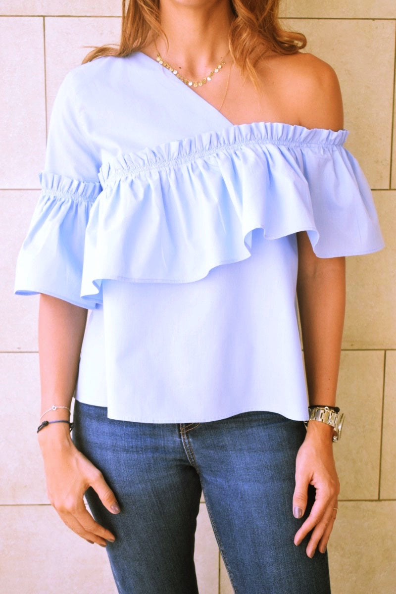 Blue Abstract One Shoulder Top