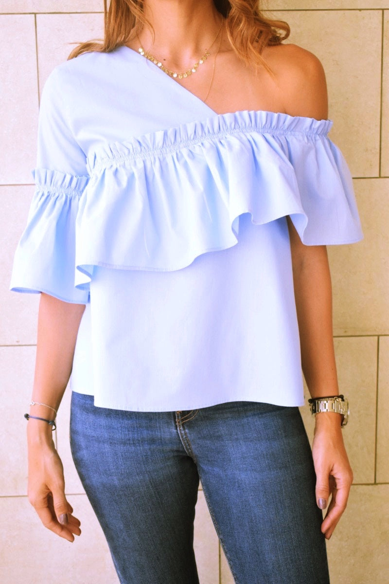 Blue Abstract One Shoulder Top