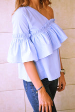 Blue Abstract One Shoulder Top