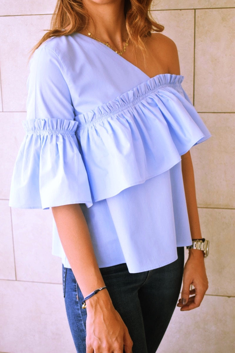 Blue Abstract One Shoulder Top