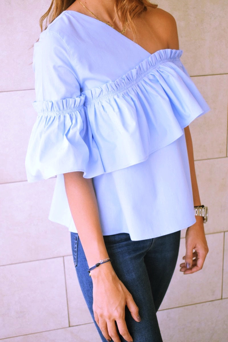 Blue Abstract One Shoulder Top