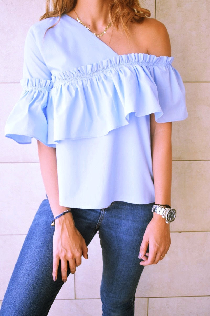 Blue Abstract One Shoulder Top