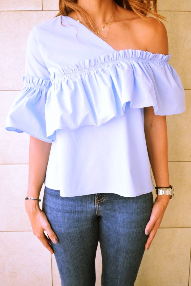 Blue Abstract One Shoulder Top