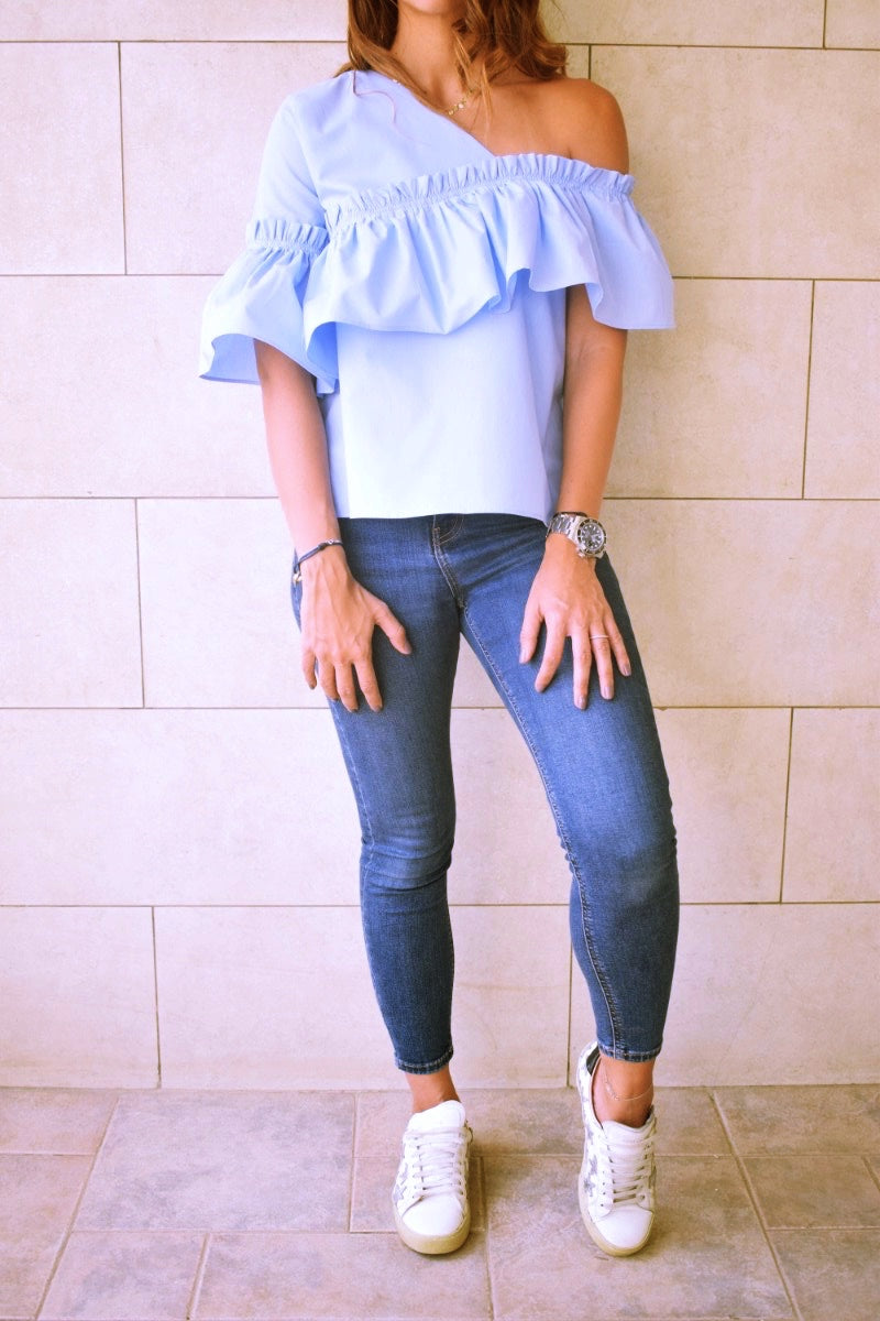 Blue Abstract One Shoulder Top