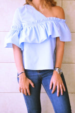 Blue Abstract One Shoulder Top
