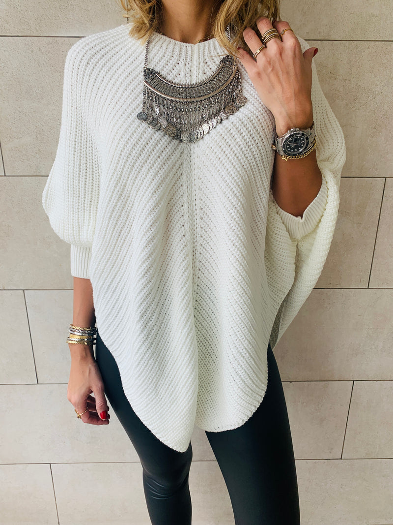 White Cable V Poncho
