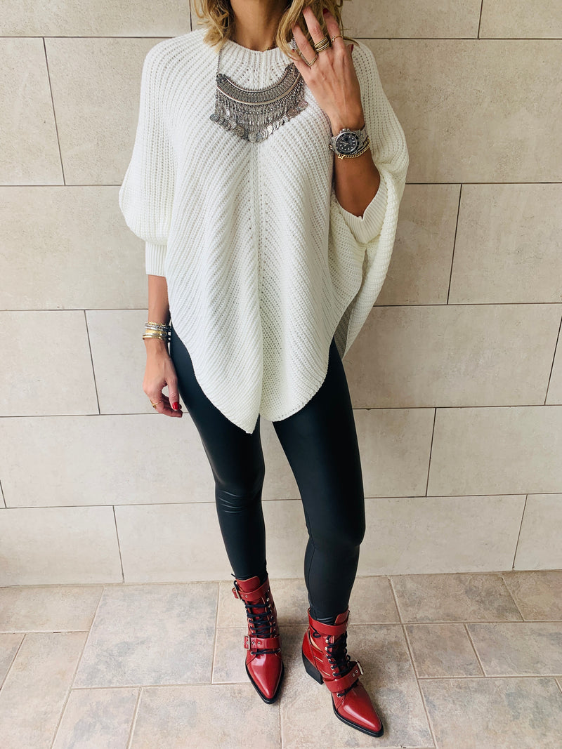 White Cable V Poncho