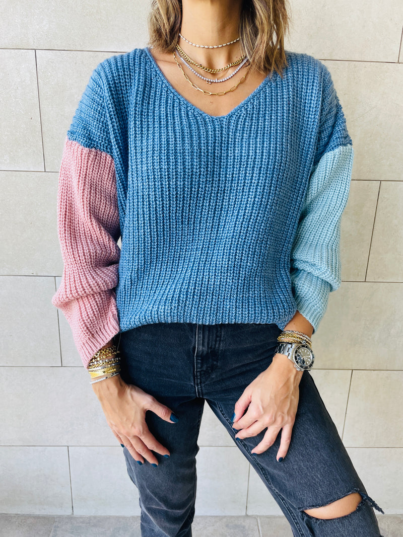 Blue Colour Block Pullover