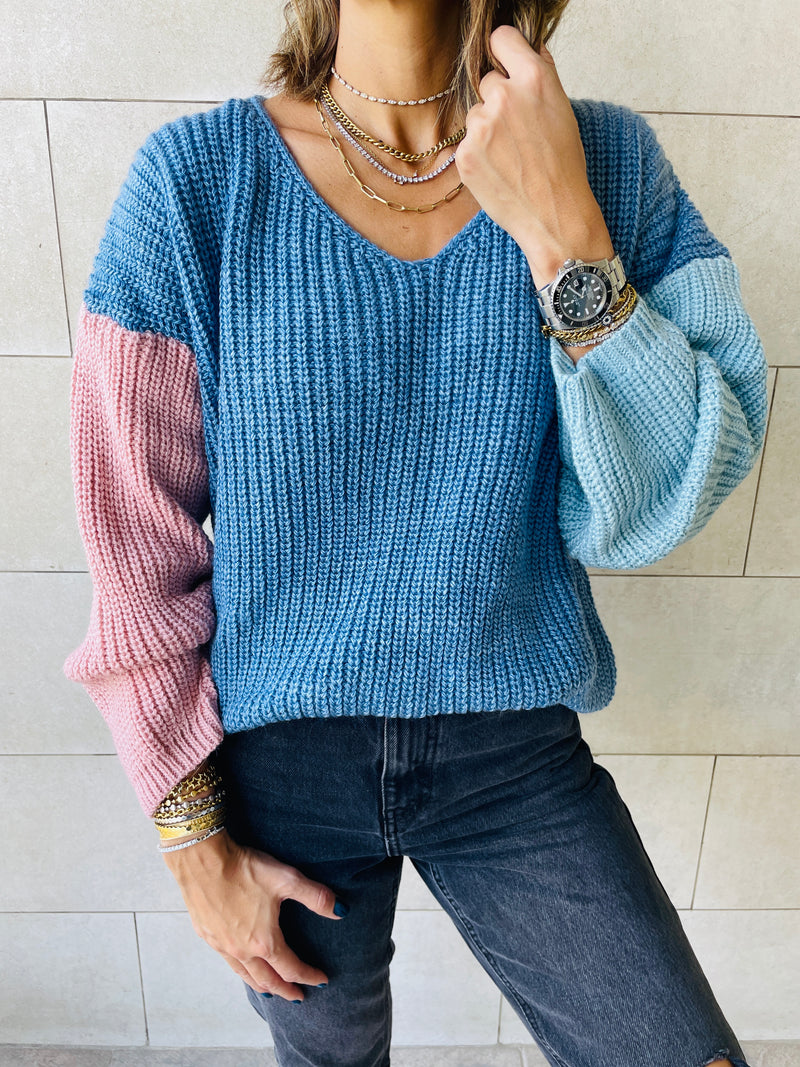 Blue Colour Block Pullover