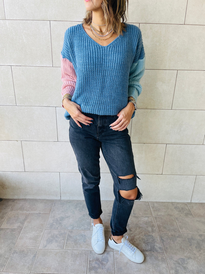 Blue Colour Block Pullover