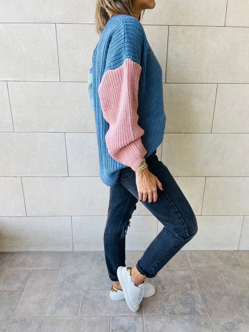 Blue Colour Block Pullover