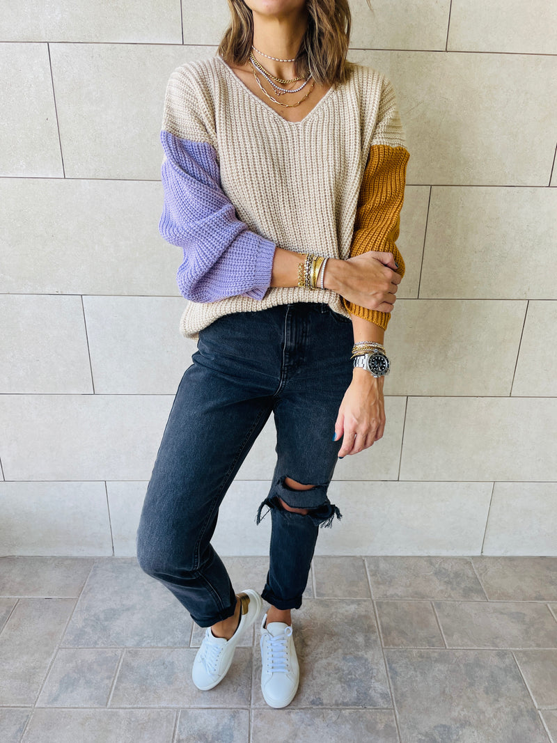 Beige Colour Block Pullover