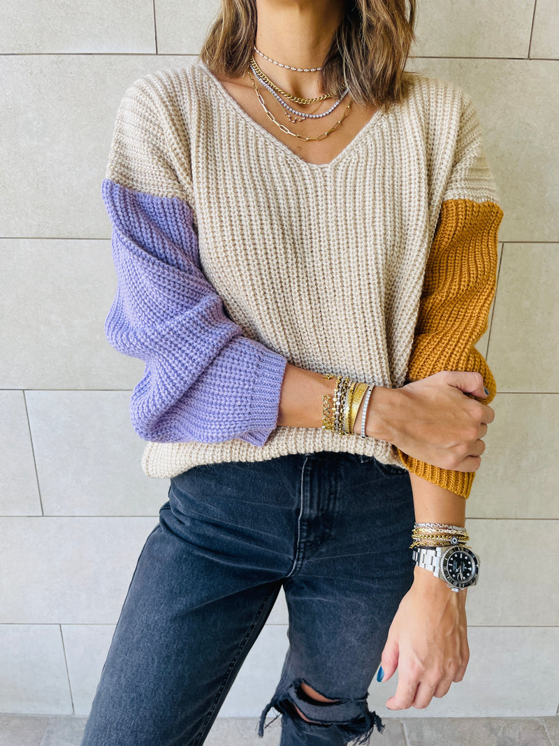 Beige Colour Block Pullover