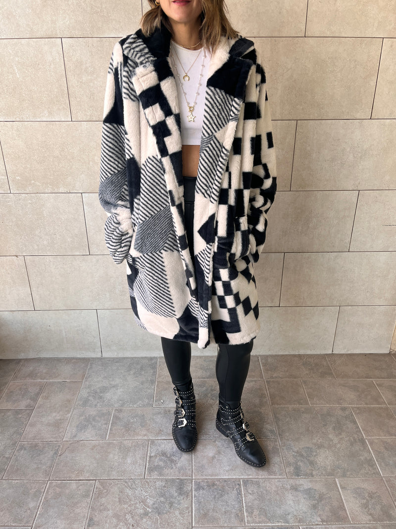 Statement Monochrome Fur Jacket Chequered Back