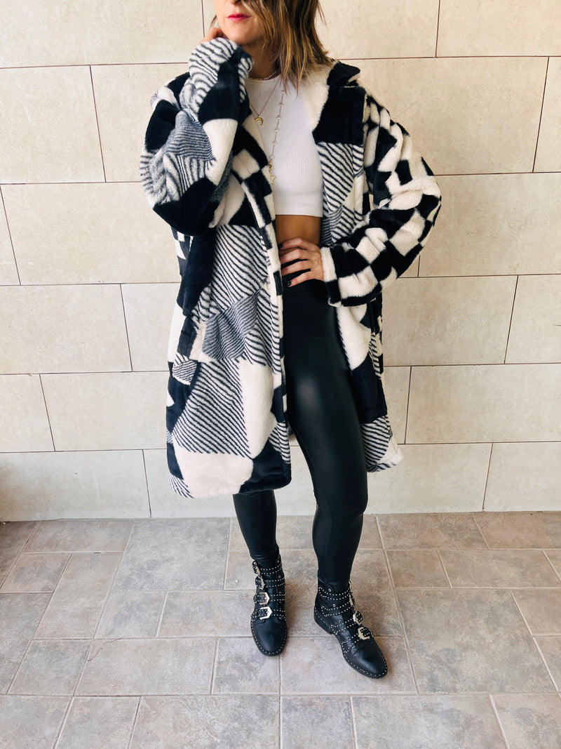 Statement Monochrome Fur Jacket Chequered Back
