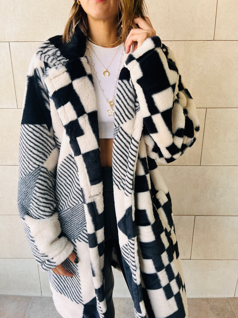 Statement Monochrome Fur Jacket Chequered Back