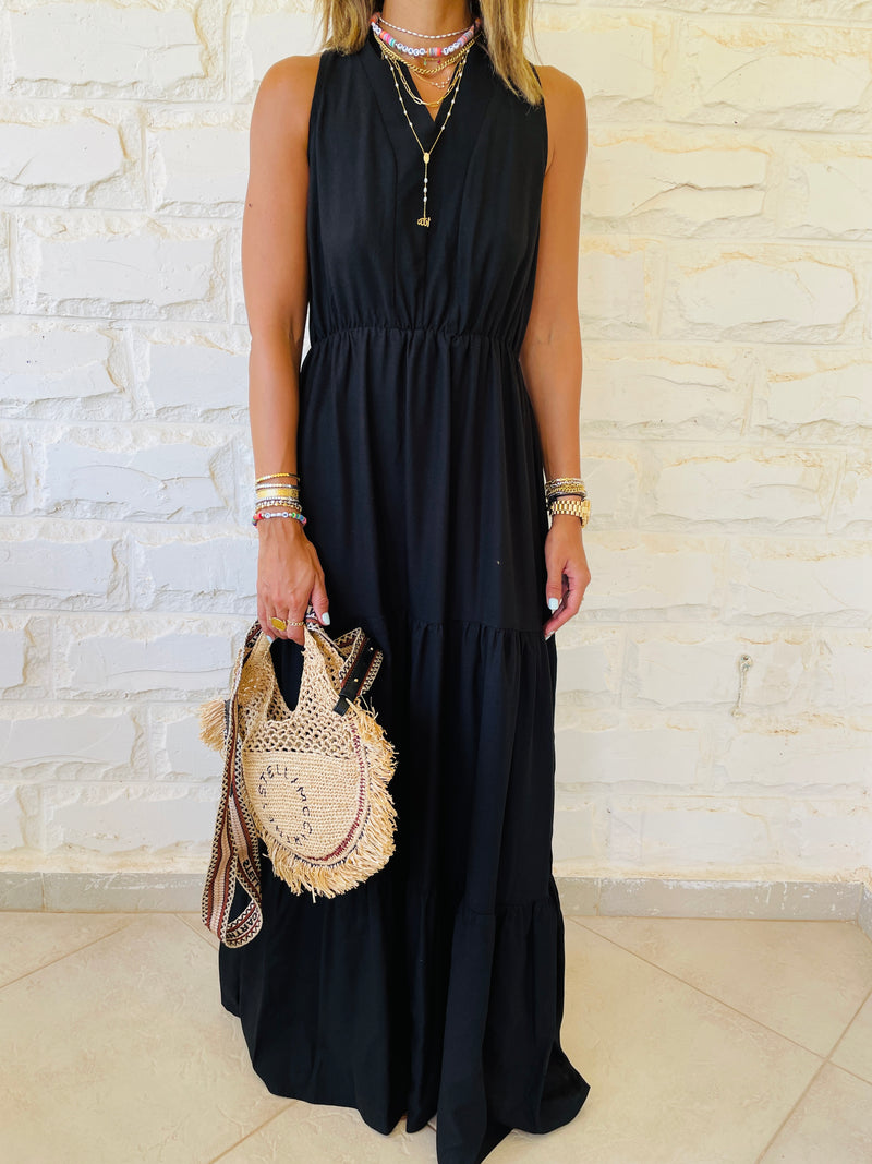 Black Linen Rhodes Tiered Dress