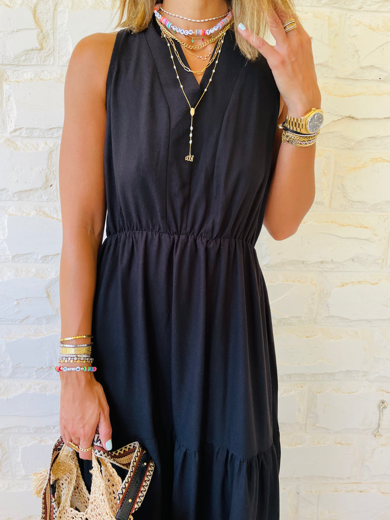 Black Linen Rhodes Tiered Dress
