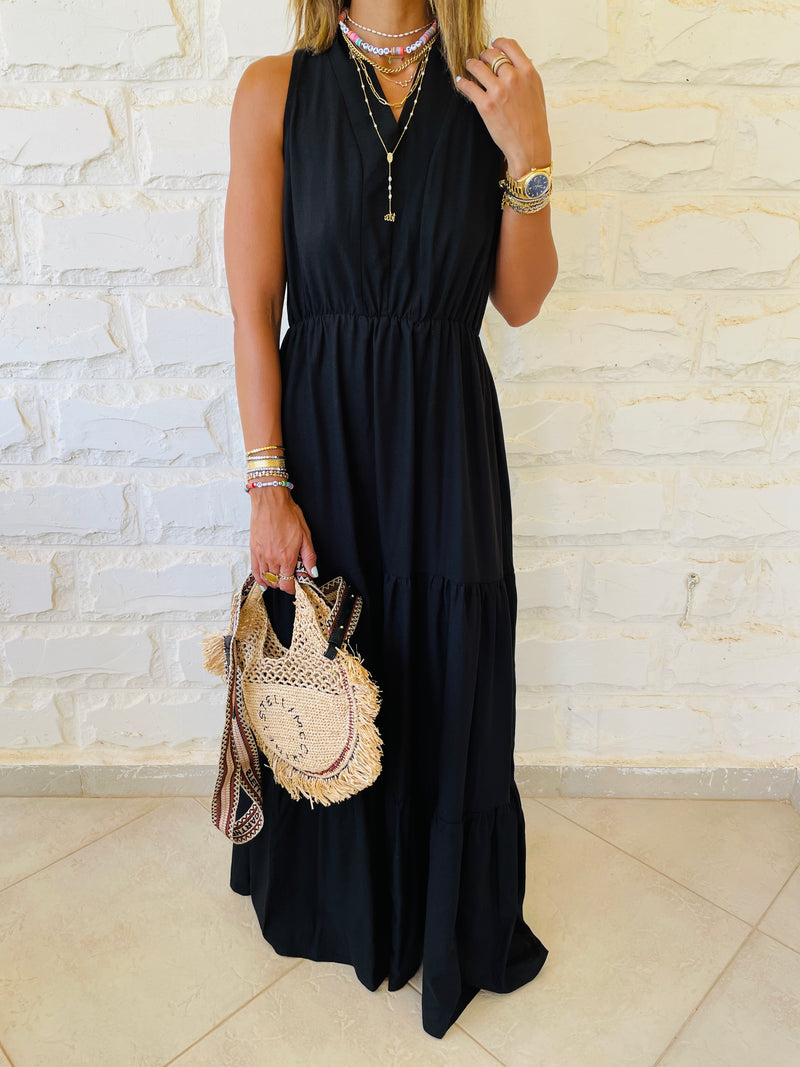 Black Linen Rhodes Tiered Dress