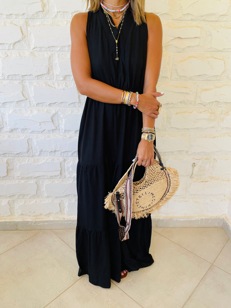 Black Linen Rhodes Tiered Dress
