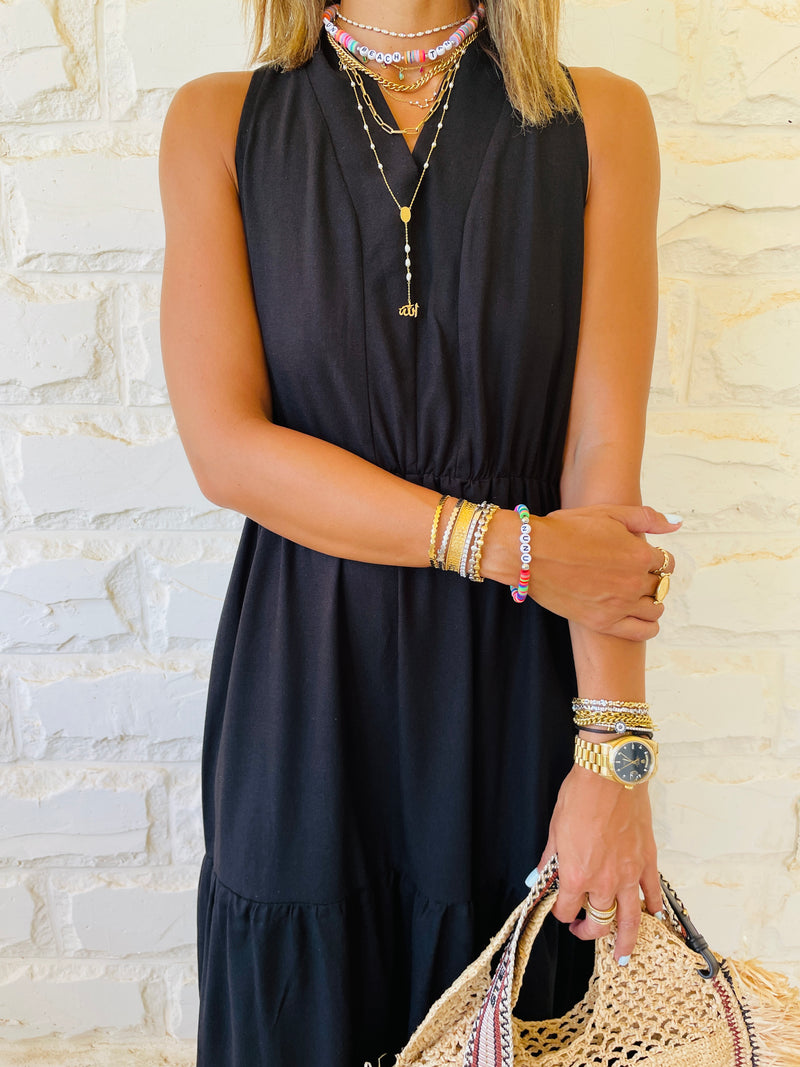 Black Linen Rhodes Tiered Dress
