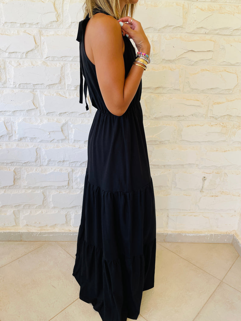 Black Linen Rhodes Tiered Dress