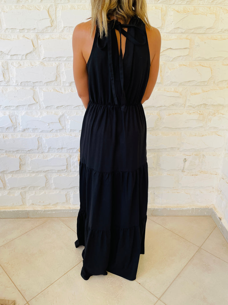 Black Linen Rhodes Tiered Dress