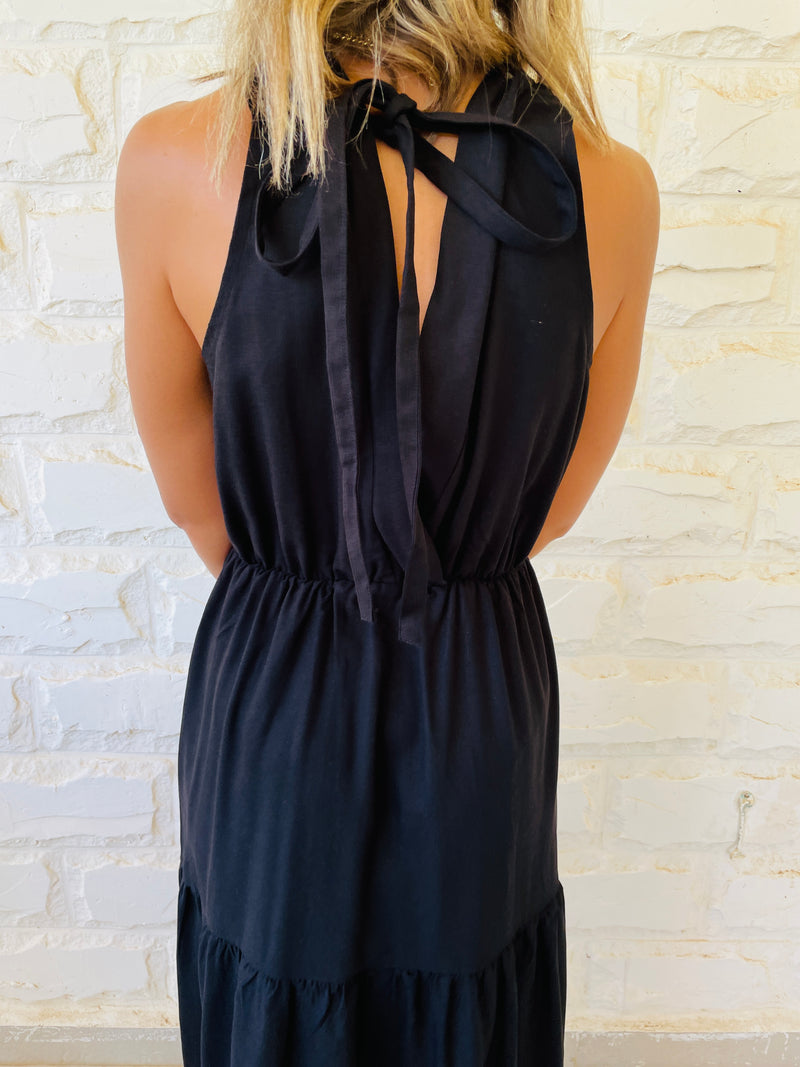 Black Linen Rhodes Tiered Dress