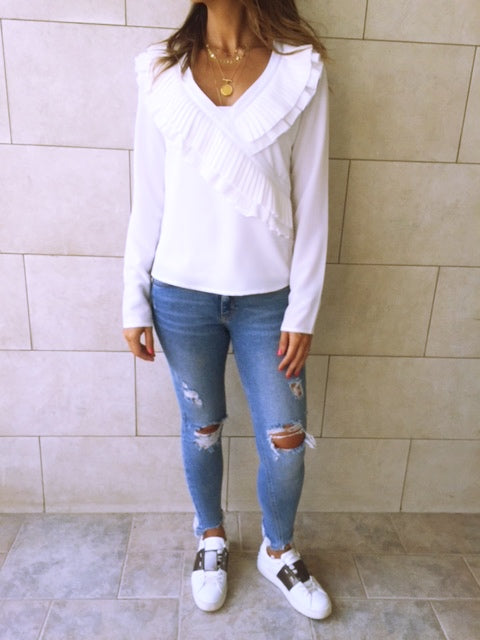 White Ruffle Detail Top