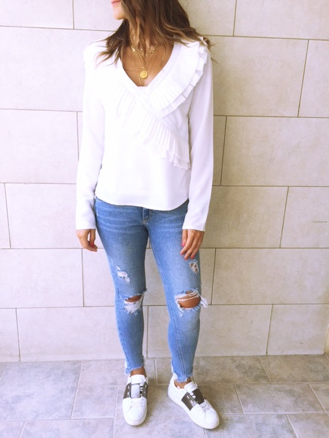 White Ruffle Detail Top