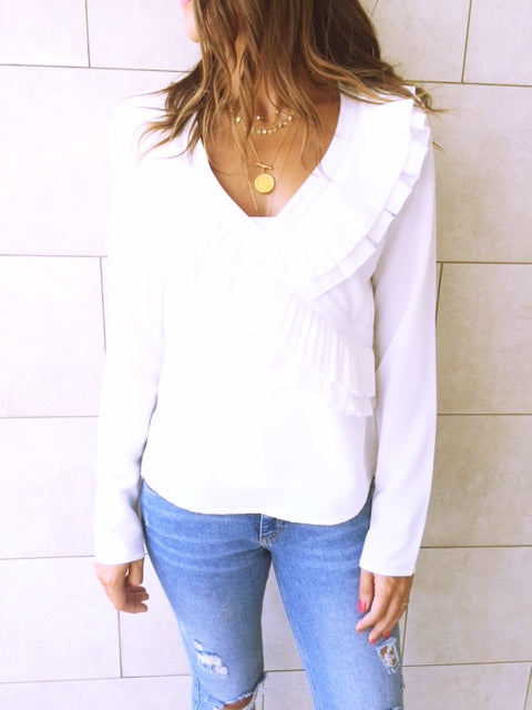 White Ruffle Detail Top