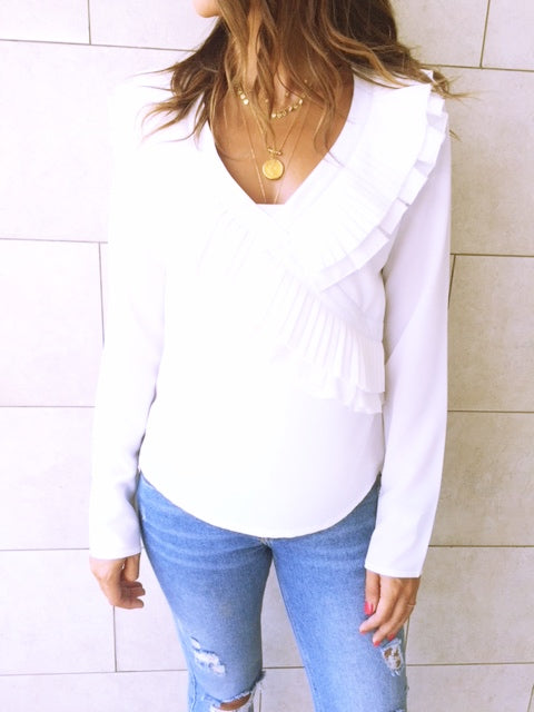White Ruffle Detail Top