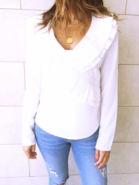 White Ruffle Detail Top