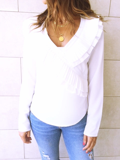 White Ruffle Detail Top
